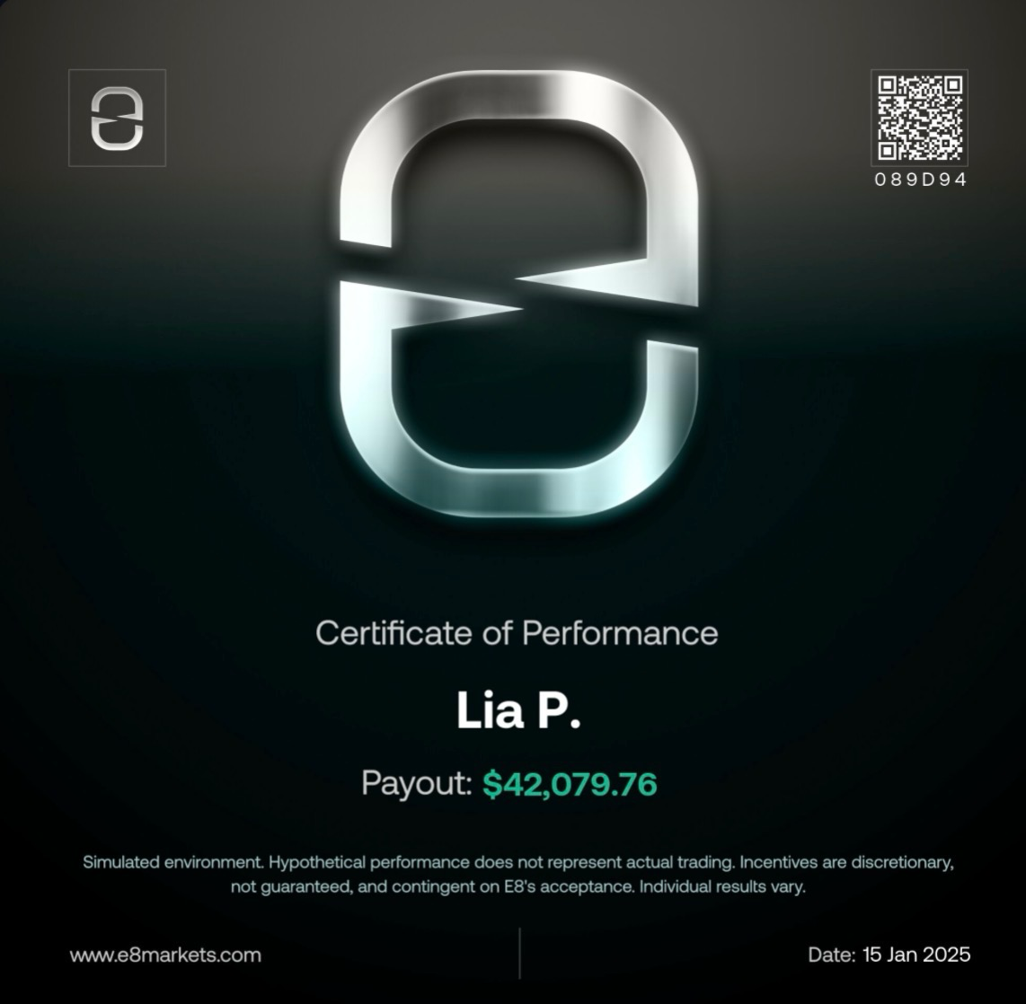 E8 Markets payout certificate for Lia P.