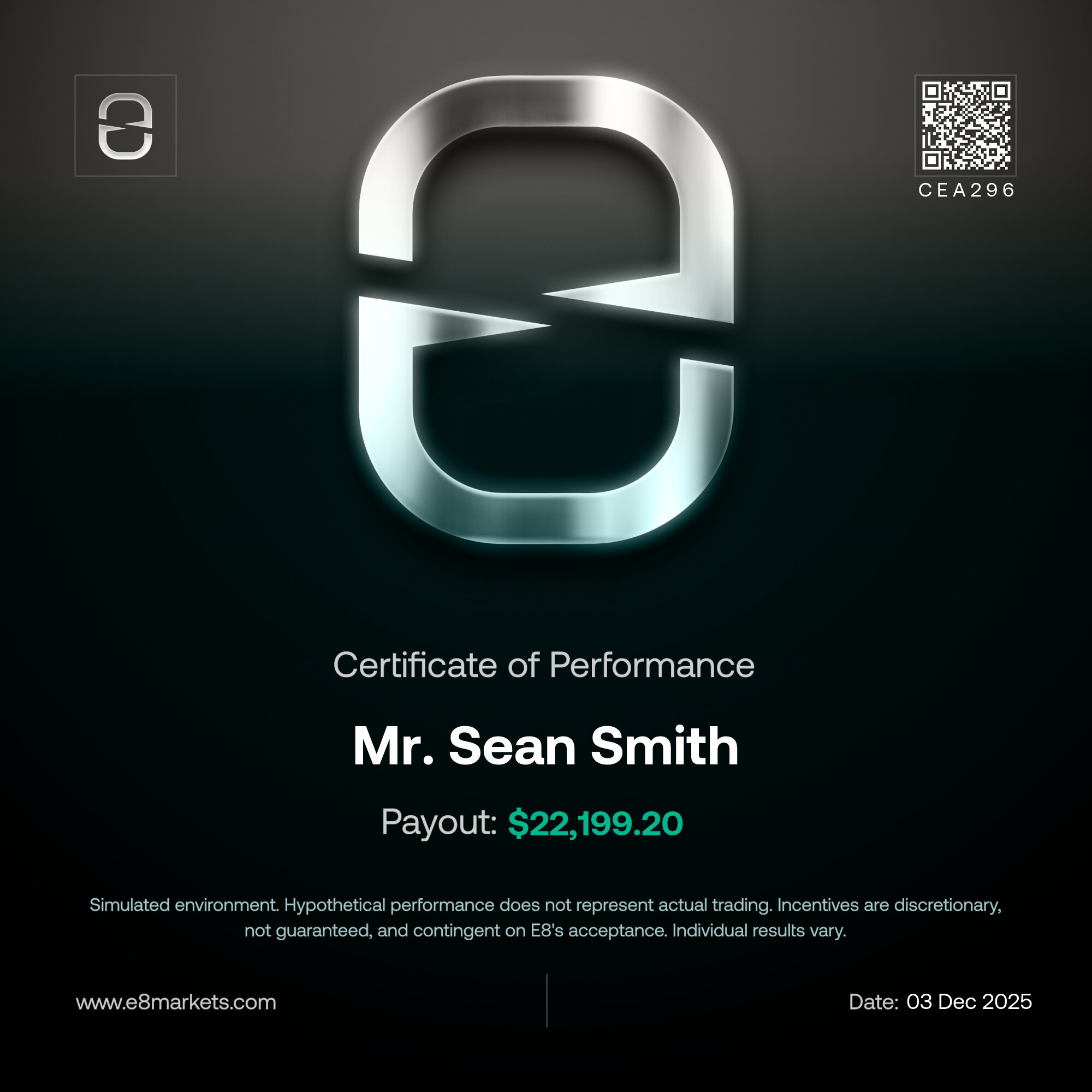 E8 Markets payout certificate for Sean Smith