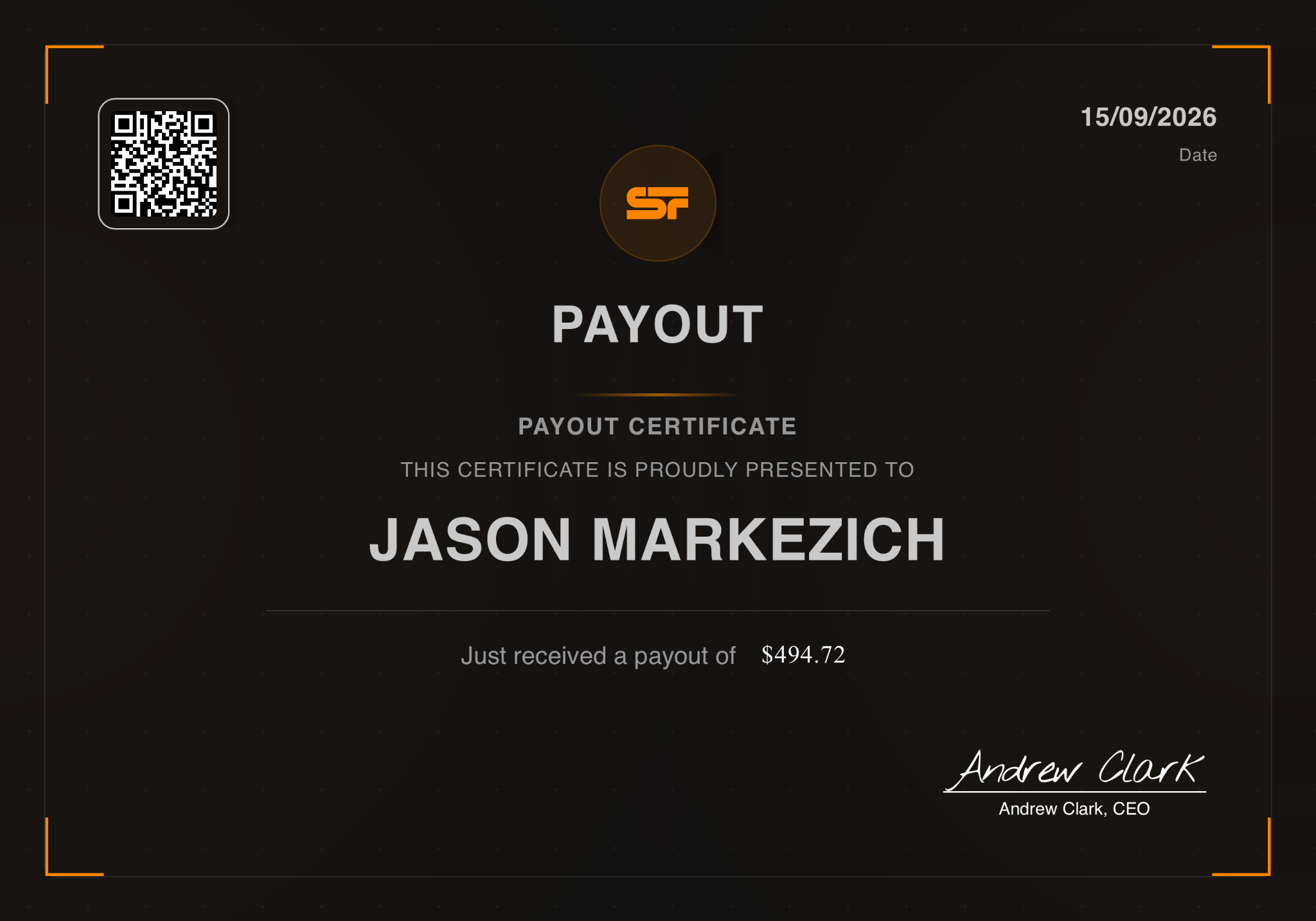 SwayFunding certificate for Jason Markezich