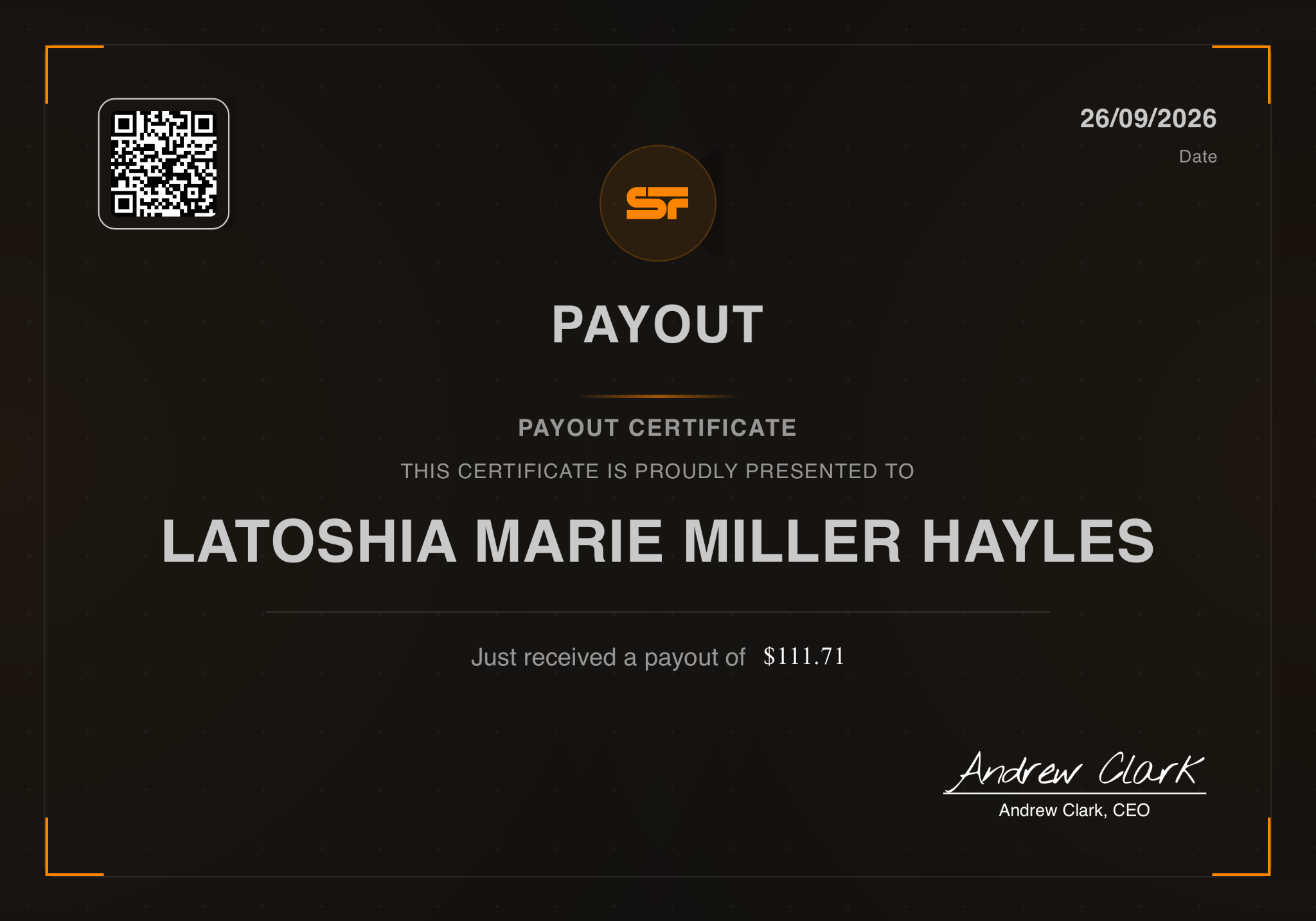 SwayFunding certificate for Latoshia Marie Miller Hayles