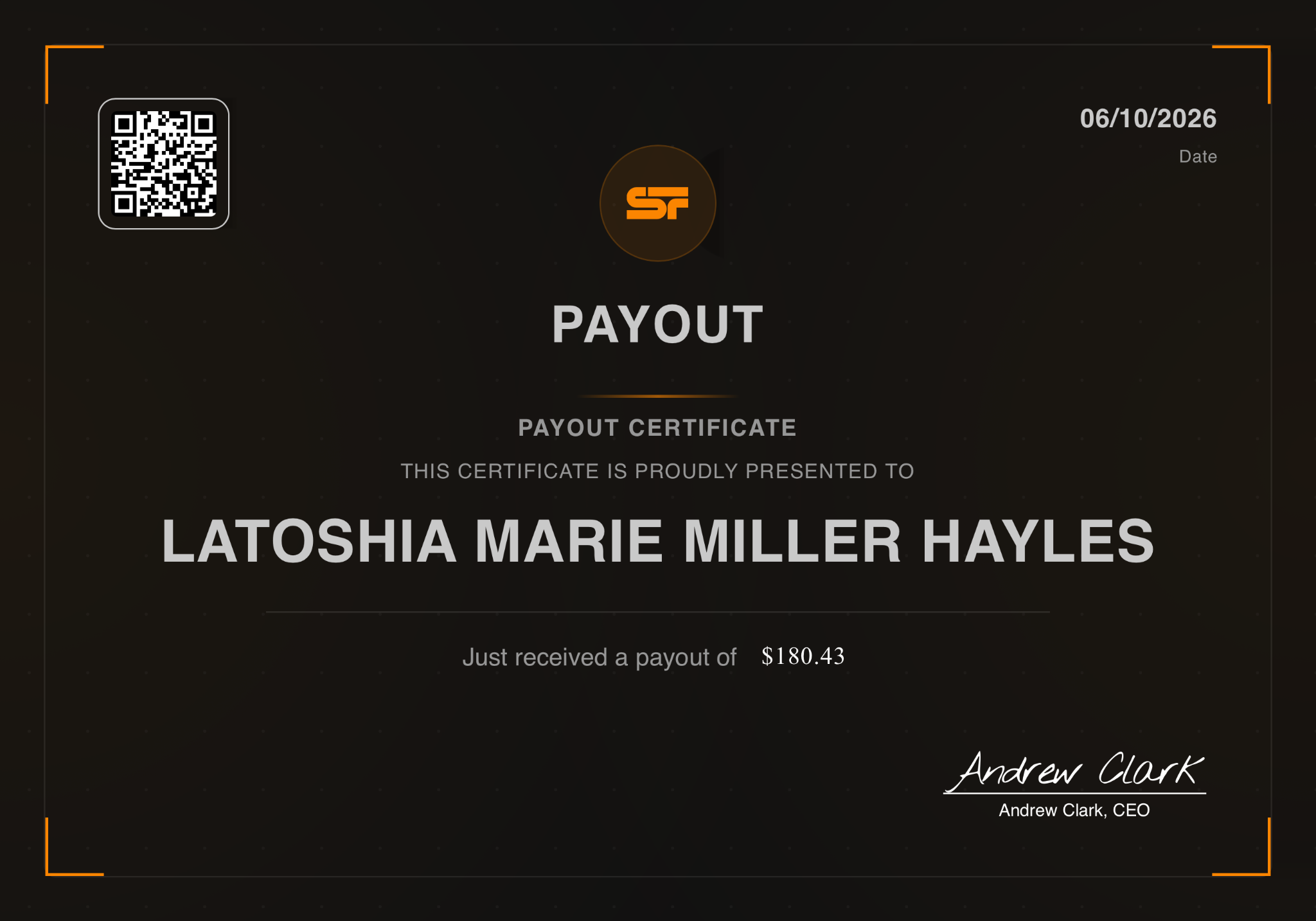 SwayFunding certificate for Latoshia Marie Miller Hayles