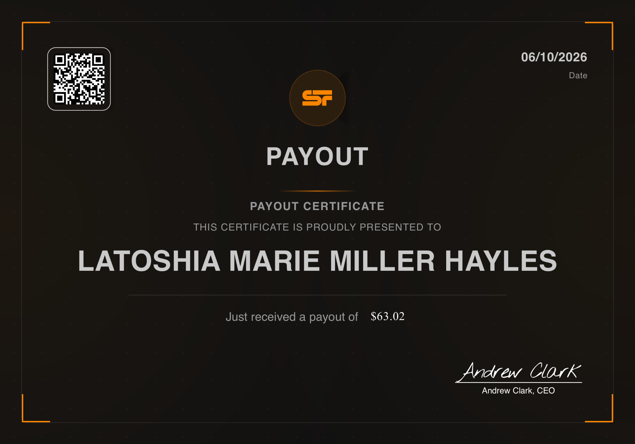 SwayFunding certificate for Latoshia Marie Miller Hayles
