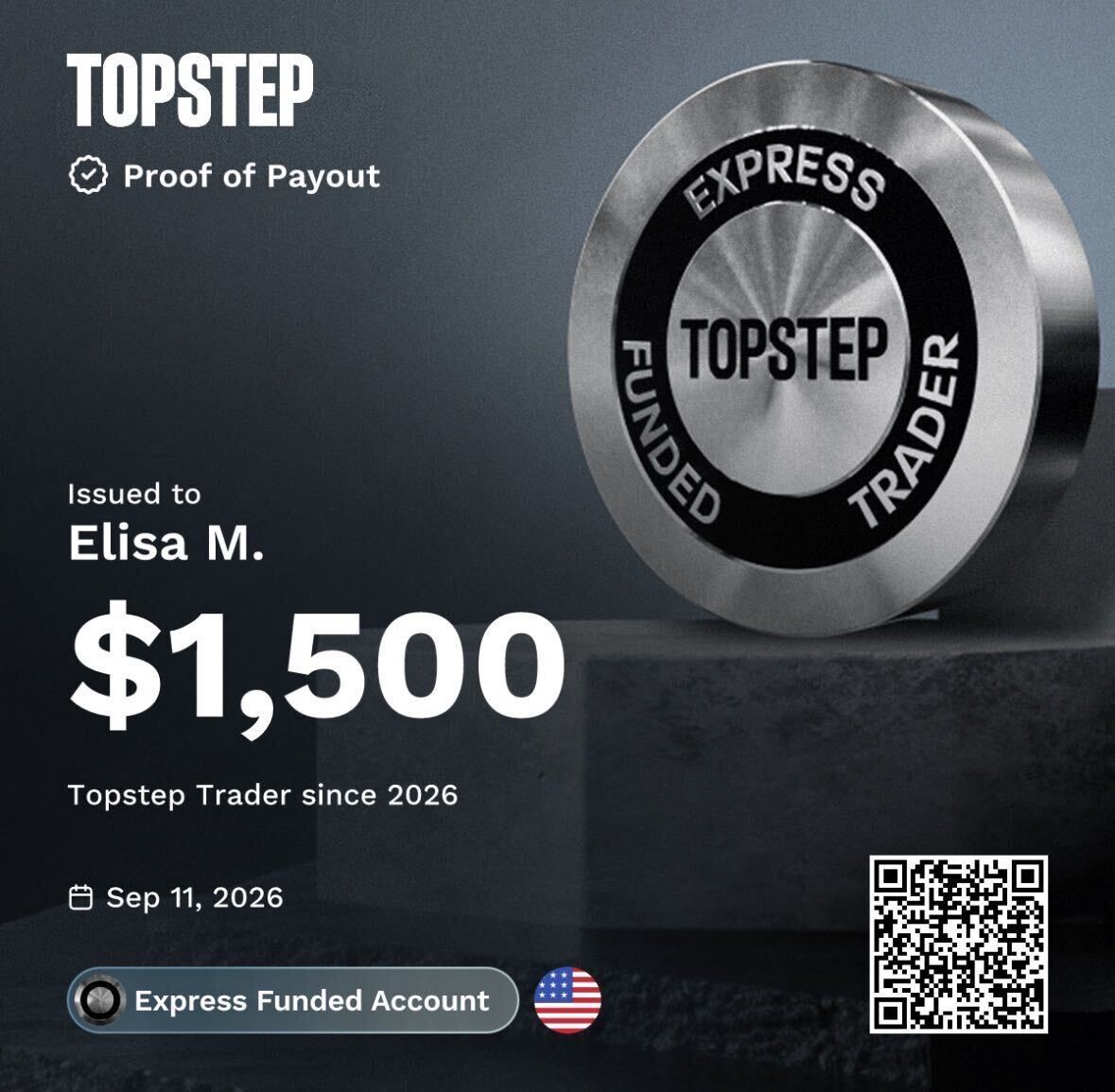 Topstep payout certificate for Elisa M.